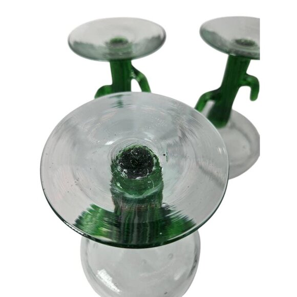Set of 4 Margarita Glasses Hand Blown Clear Mexican Glass Green Cactus Stem - Picture 4 of 7